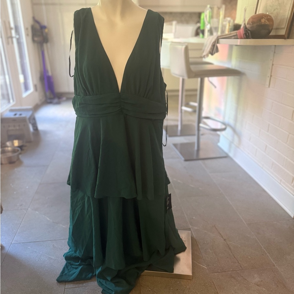 Deep Green V-Neck Layered Maxi Dress